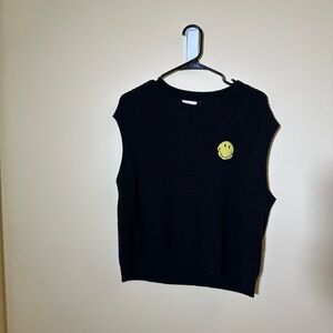 Black Knit Sweater Vest with Yellow Smiley Patch
